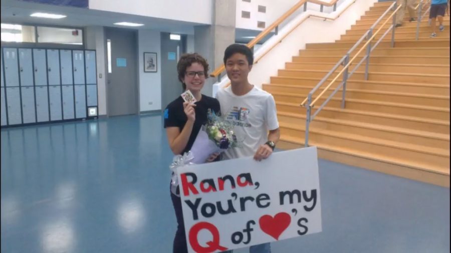 Jinho (12) and Rana (12): The winners of the promposal contest, Jinho and Rana, saw Jinho promposing with a magic trick involving a deck of cards, making creative use of the Queen of Hearts. For this effort, he won them free tickets to prom.